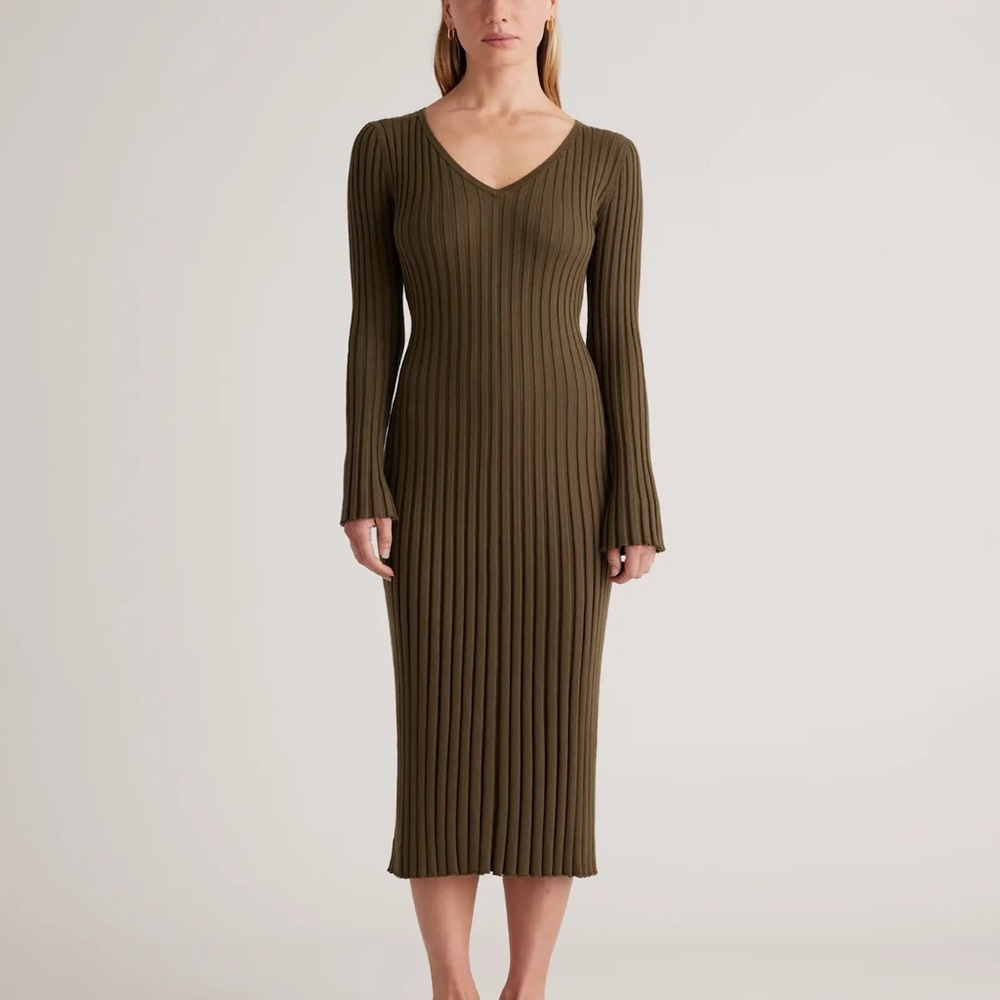 Quince Olive Green Ribbed Long Sleeve Midi Dress